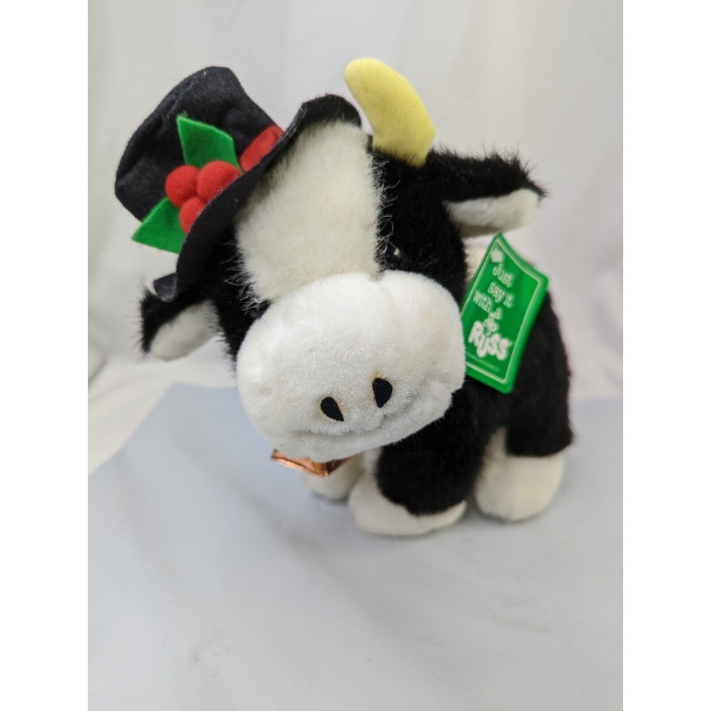 Russ Clover Cow Plush Black White 9 Inch Bell Hat Stuffed Animal Toy